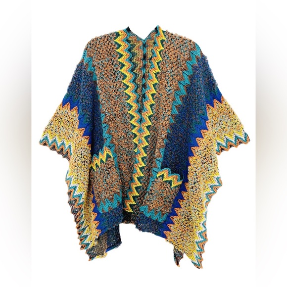 JC Sunny - Coffee-Blue Pocket Colorful Crochet Patterned Ruana - new - Picture 1 of 9